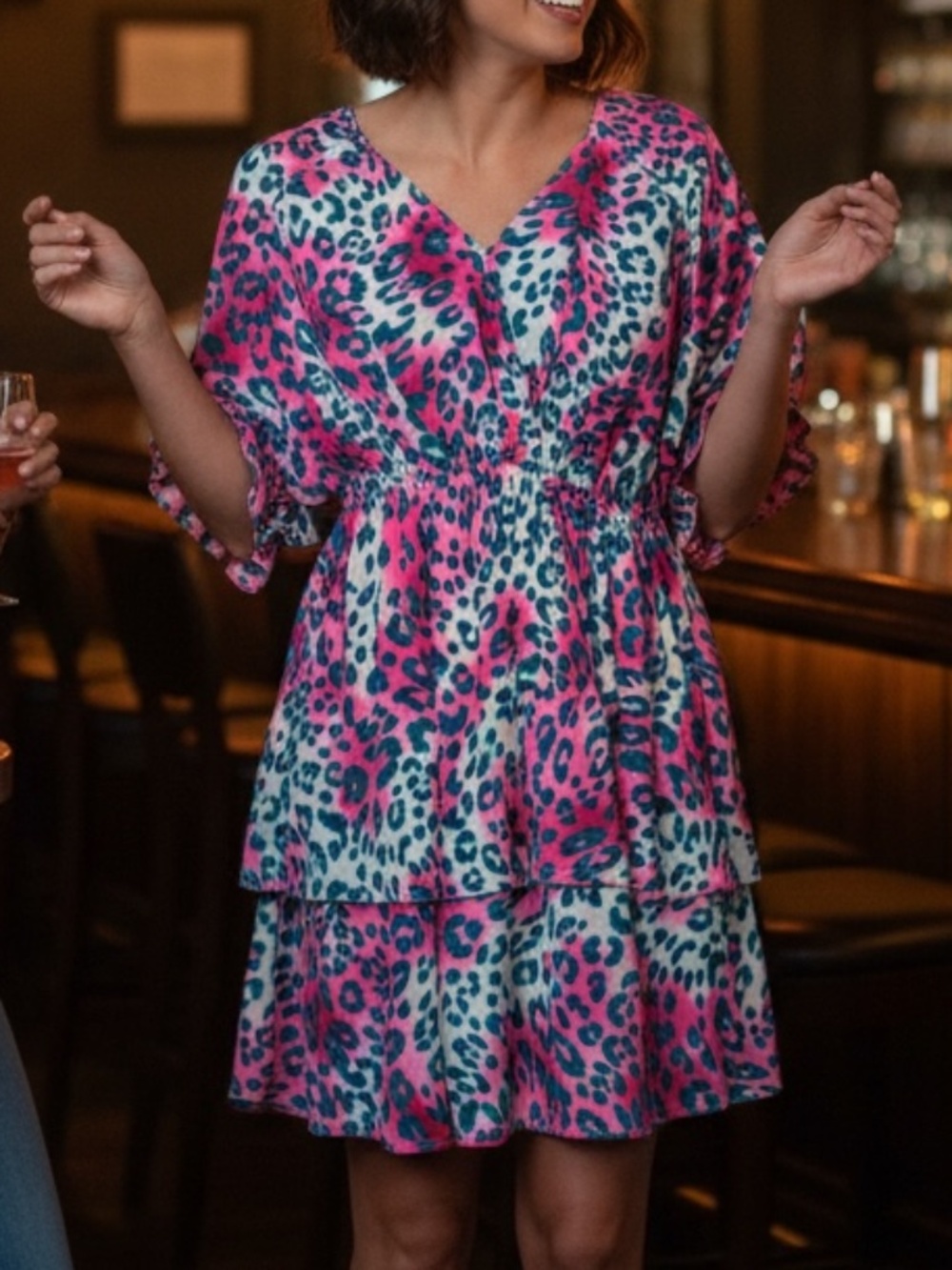 One The Land Pink Teal Leopard Print Tiered Mini Dress